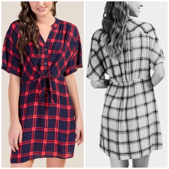 Navy Red Plaid Check Tie-Front Shirt Dress - Picture 1 of 12